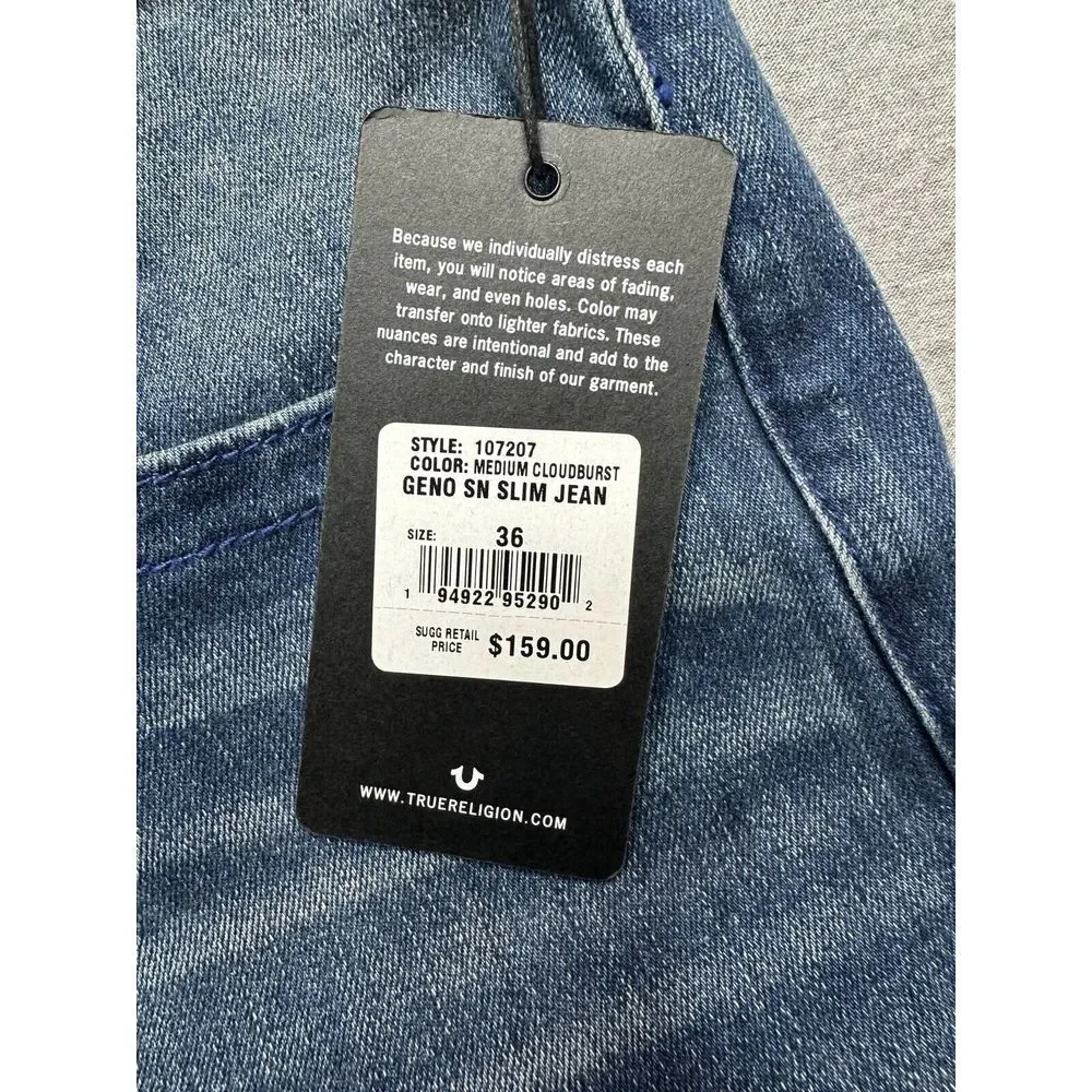 True Religion Mens size 36x32 Geno SN Flap Slim‎ Relaxed jeans Blue Denim Pants
